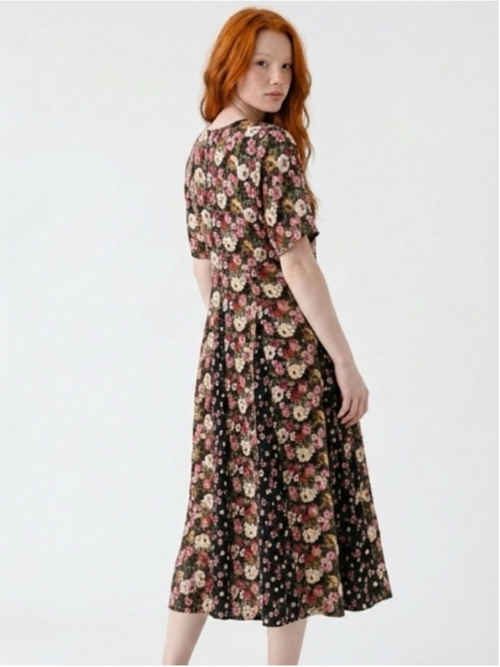 Vintage 90s Nostalgia Black Maxi Dress with Pink and Cream Floral Print - Picture 2 of 5